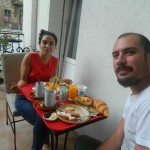 Authentic Belgrade Centre Hostel Mert and Gulcin having breakfast on our terrace