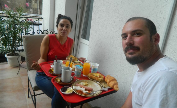 Authentic Belgrade Centre Hostel Mert and Gulcin having breakfast on our terrace